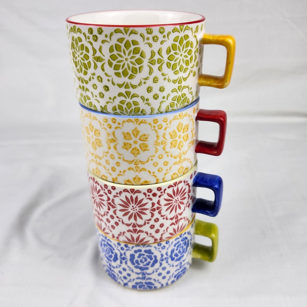Pier 1 Imports Coffee Mugs Set of 4 Multicolor Floral Hand‎ Painted Stoneware - Picture 11 of 11